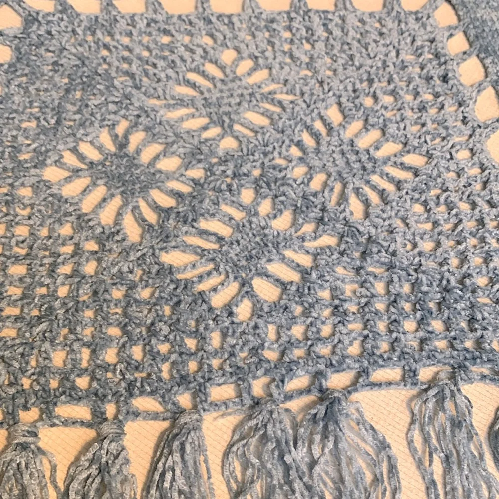 Baby Blue Soft Knit Crocheted Fringed Throw